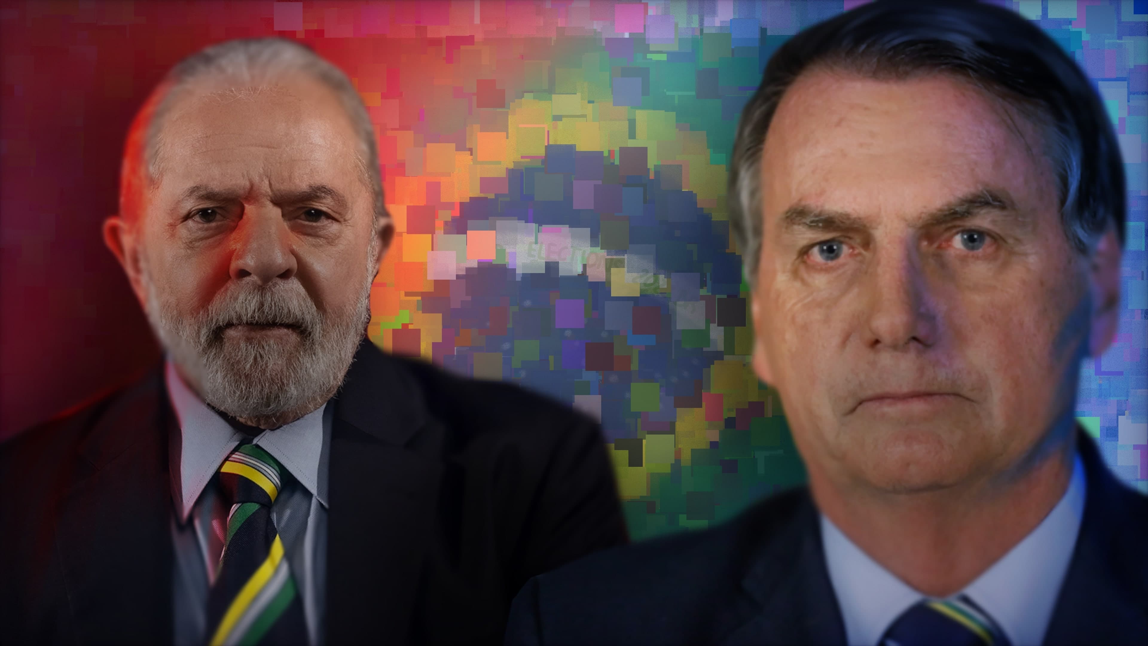 Illustration of Luiz Inácio Lula da Silva and Jair Bolsonaro in front of the Brazilian flag.