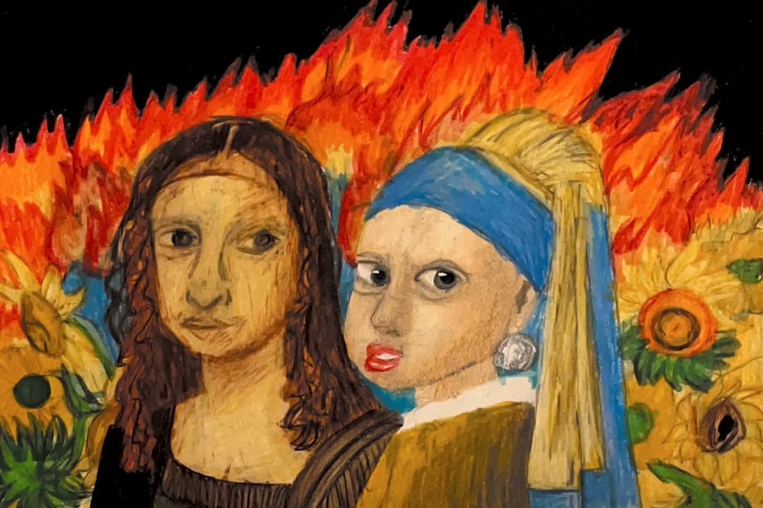 Illustration of the Mona Lisa and The Girl With a Pearl Earring with a fiery background.